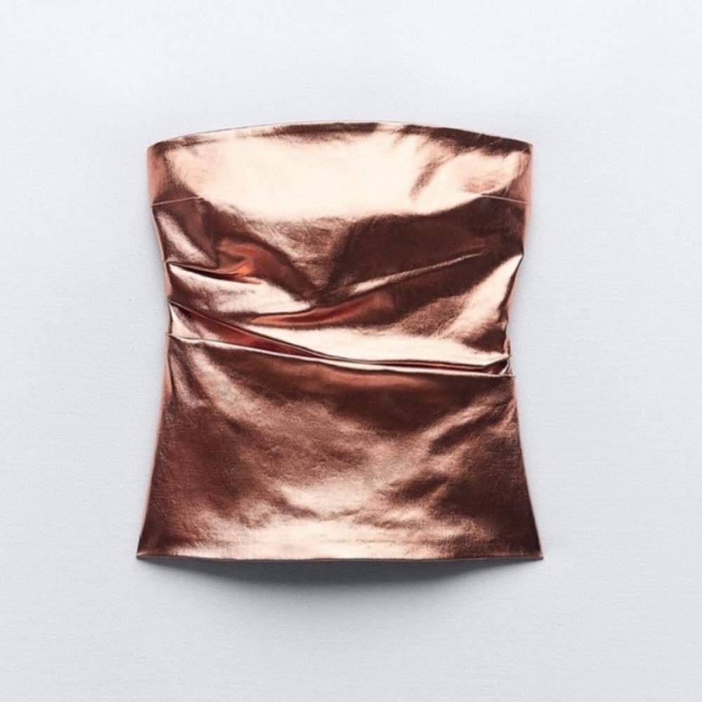 NWOT Zara Coated Denim Strapless Ruched Tube Top Rose Gold XS